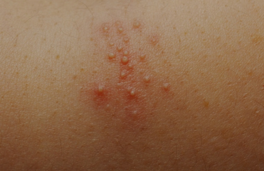 파부에 작은 수포가 여러 개 몰려서 발생된 증상, 즉 땀띠를 확대를 하여 찍은 사진