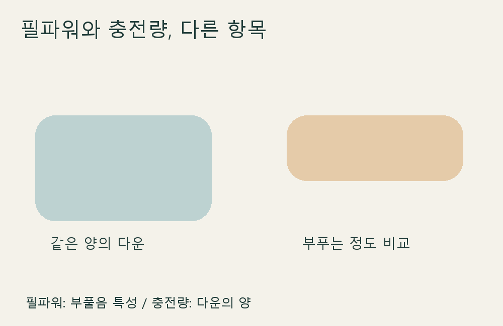 다운의 양과 부풀어 오르는 정도를 구분하는 설명 그림