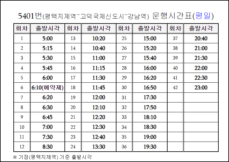 평택버스 5401 시간표 안내
