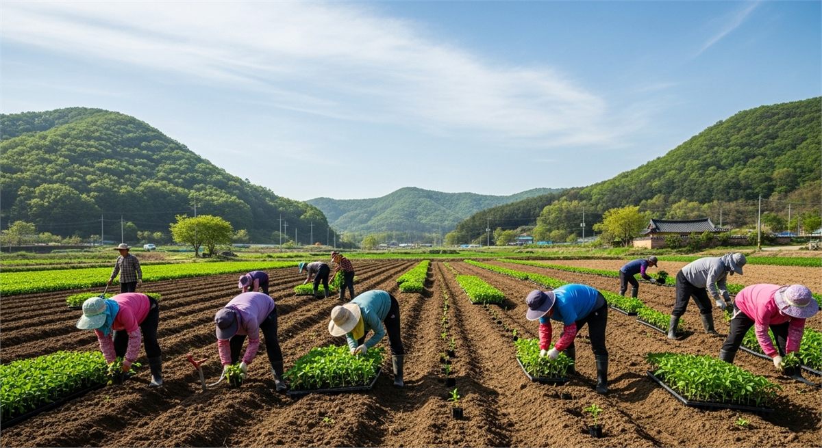 비교적 따뜻한 남부 지역에서 고추를 심는 봄 농장 풍경