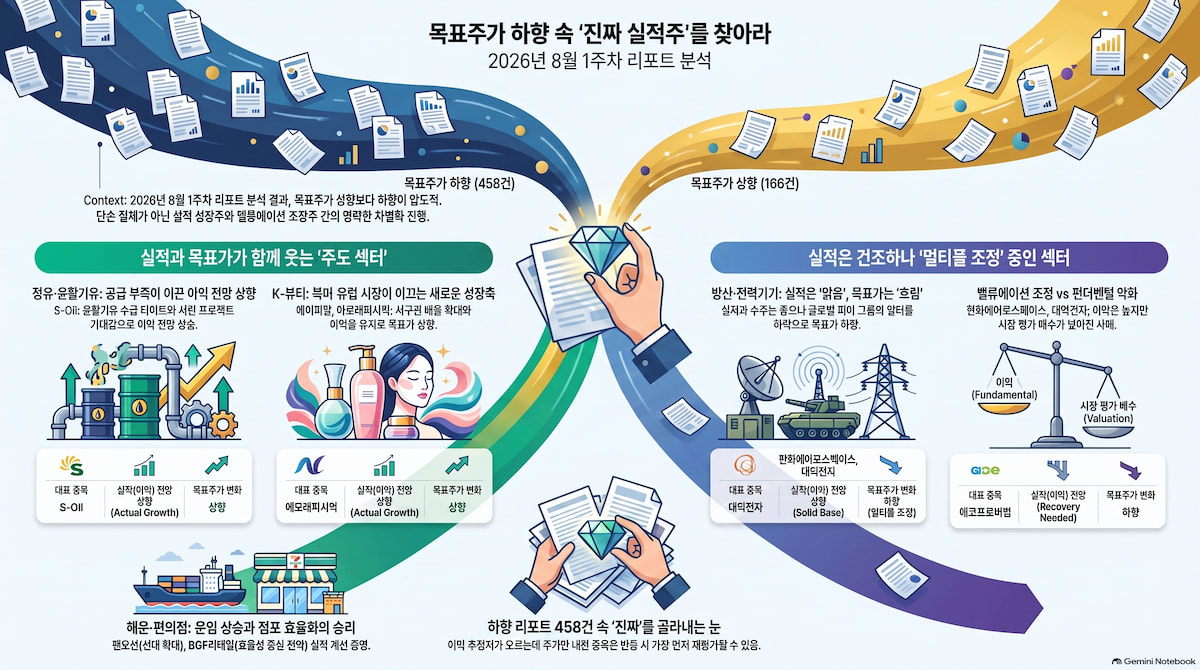 하향 리포트 속에서도 실적은 갈렸다, 정유·K-뷰티·반도체 기판이 살아난 이유|2026년 8월 1주차 증권사 리포트 분석
