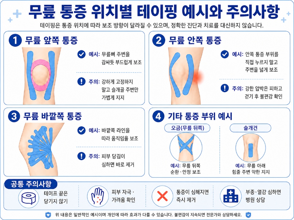 무릎 앞쪽 안쪽 바깥쪽 통증 위치별 테이핑 예시와 주의사항