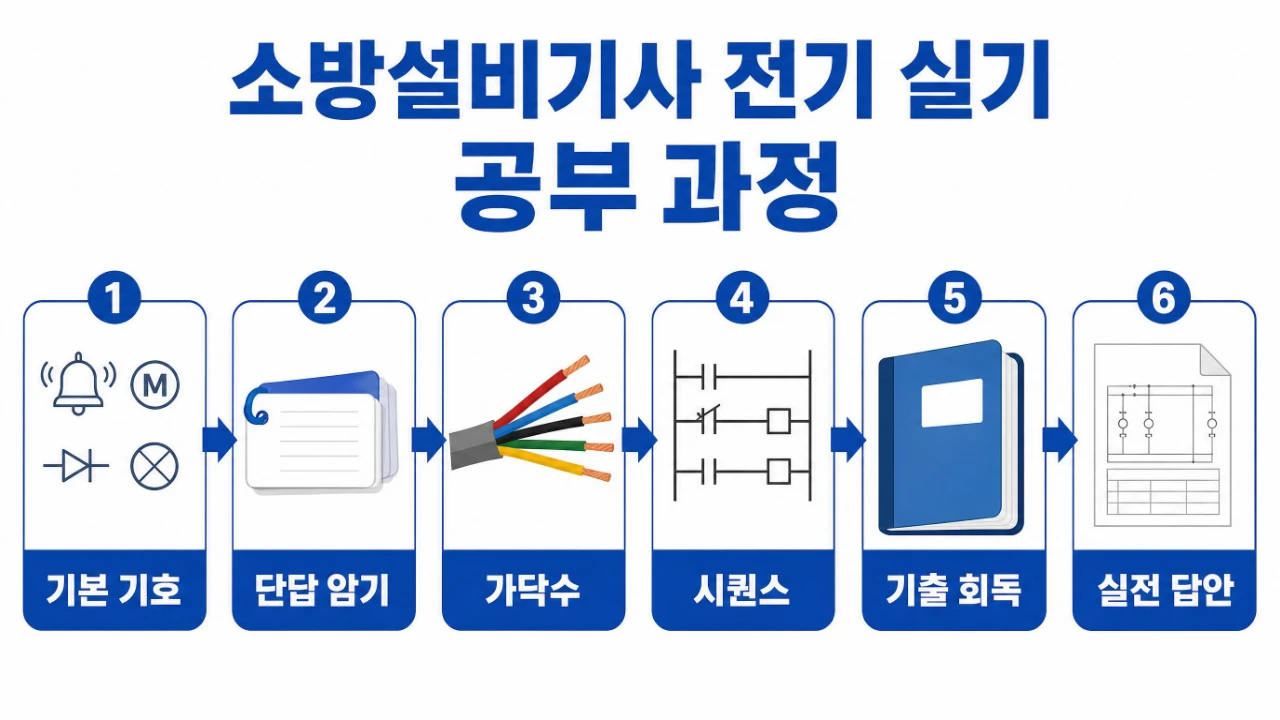 기본 기호부터 실전 답안까지 소방설비기사 전기 실기 공부 순서를 정리한 이미지