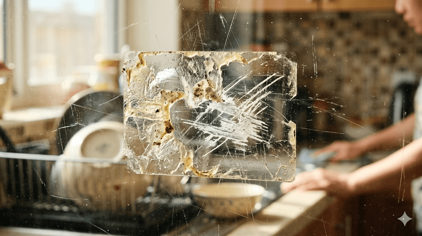 억지로 긁어내어 스크래치가 난 플라스틱 표면의 스티커 자국