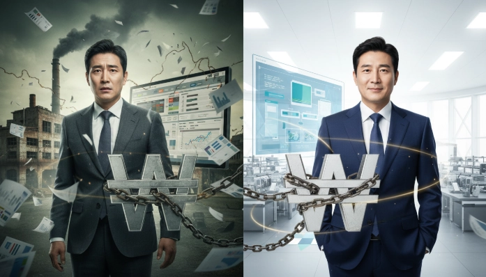 2026년 상속세 개편 전후의 중소기업 대표의 상속세 부담 변화를 보여주는 분할 화면: 왼쪽은 복잡한 세금 문제로 고민하는 모습, 오른쪽은 가업승계 전략으로 안정화된 모습.