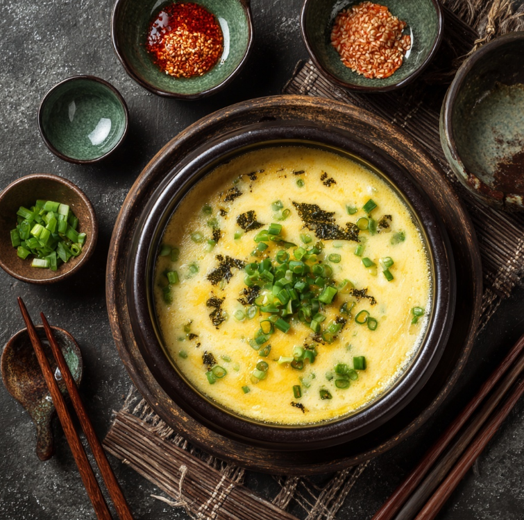 식탁위 계란찜 완성된 모습