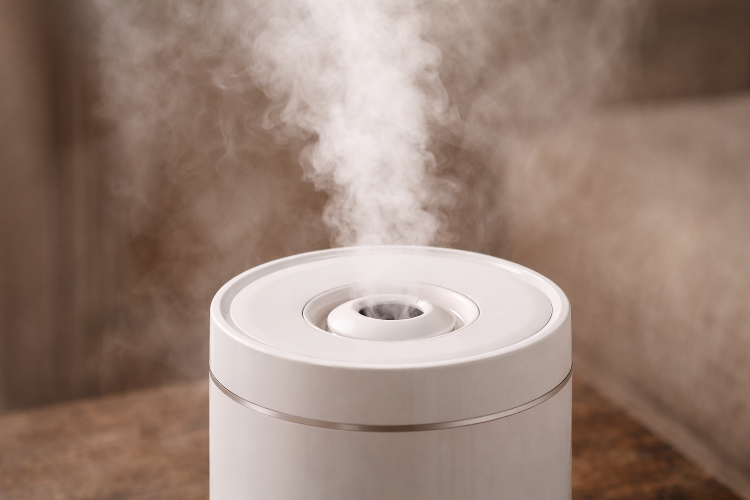 거실이나 침실에서 실내 습도를 조절 중인 가습기 모습