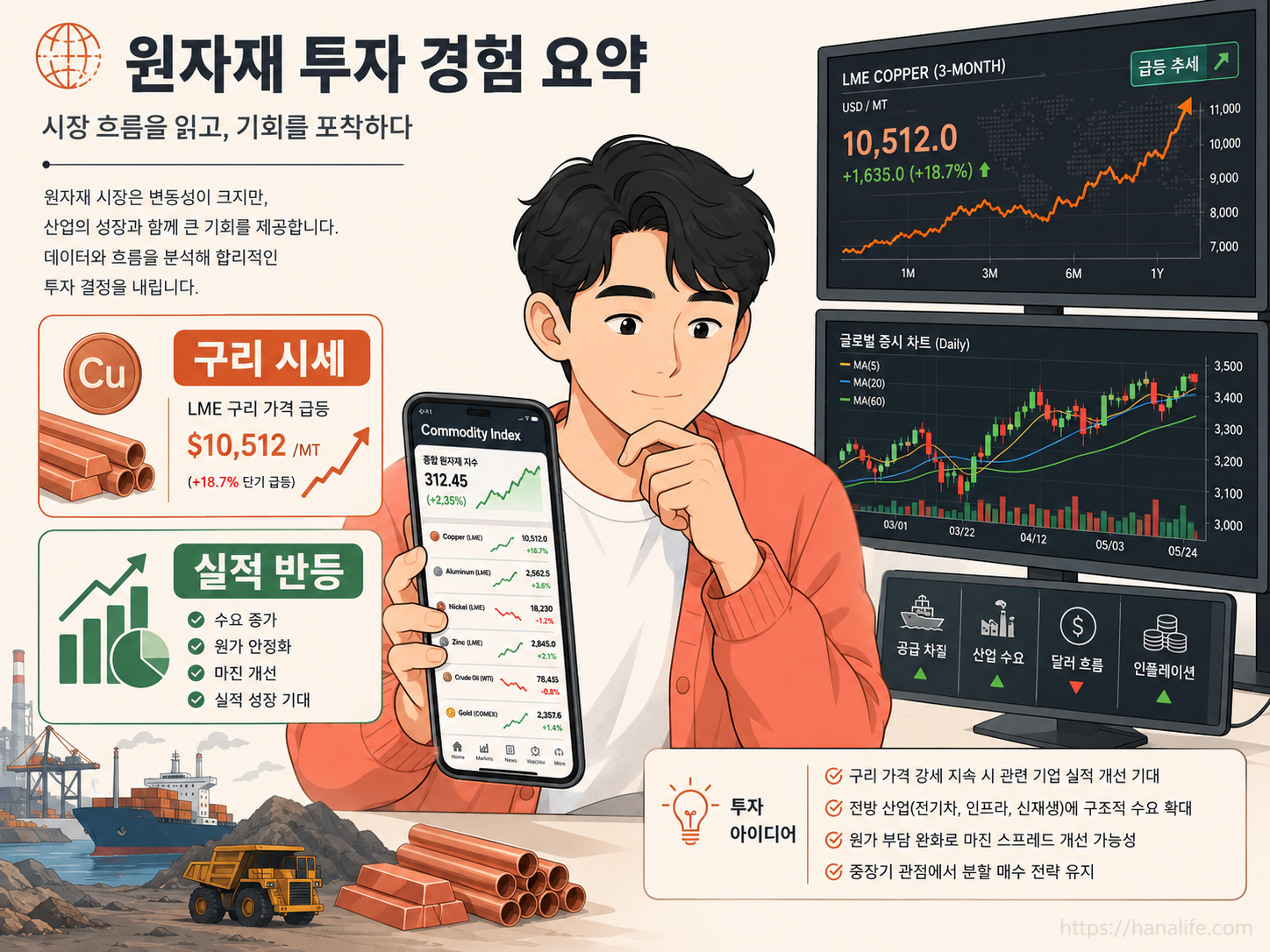  런던금속거래소 구리 가격 시세 추이와 KBI메탈 주가 모멘텀 변동성 요약 인포그래픽 