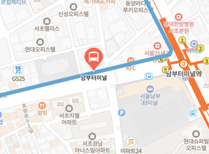 남부터미널에서 인천공항 리무진 공항버스(6016번) 지도 위치