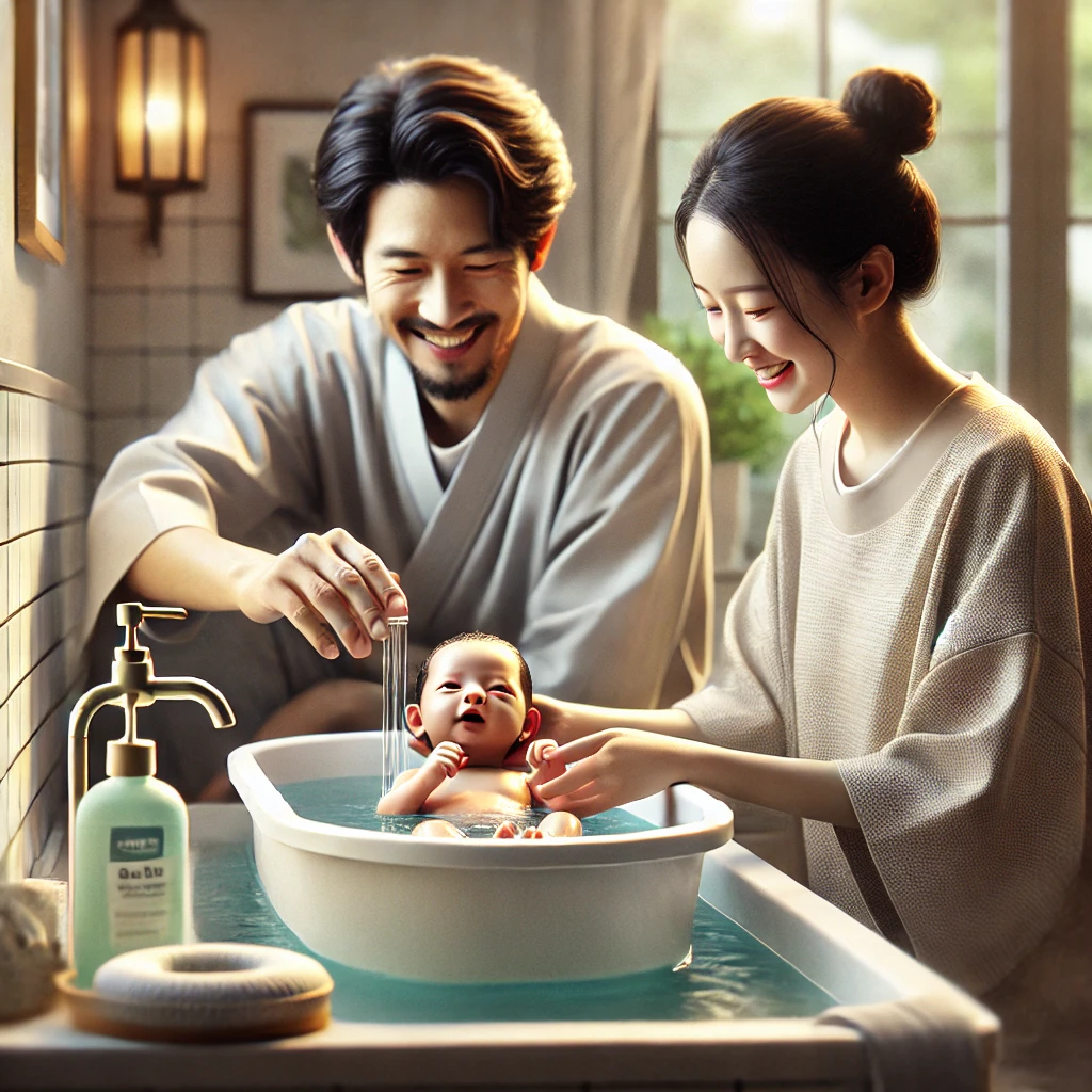 부모가 신생아를 부드럽게 목욕시키는 장면