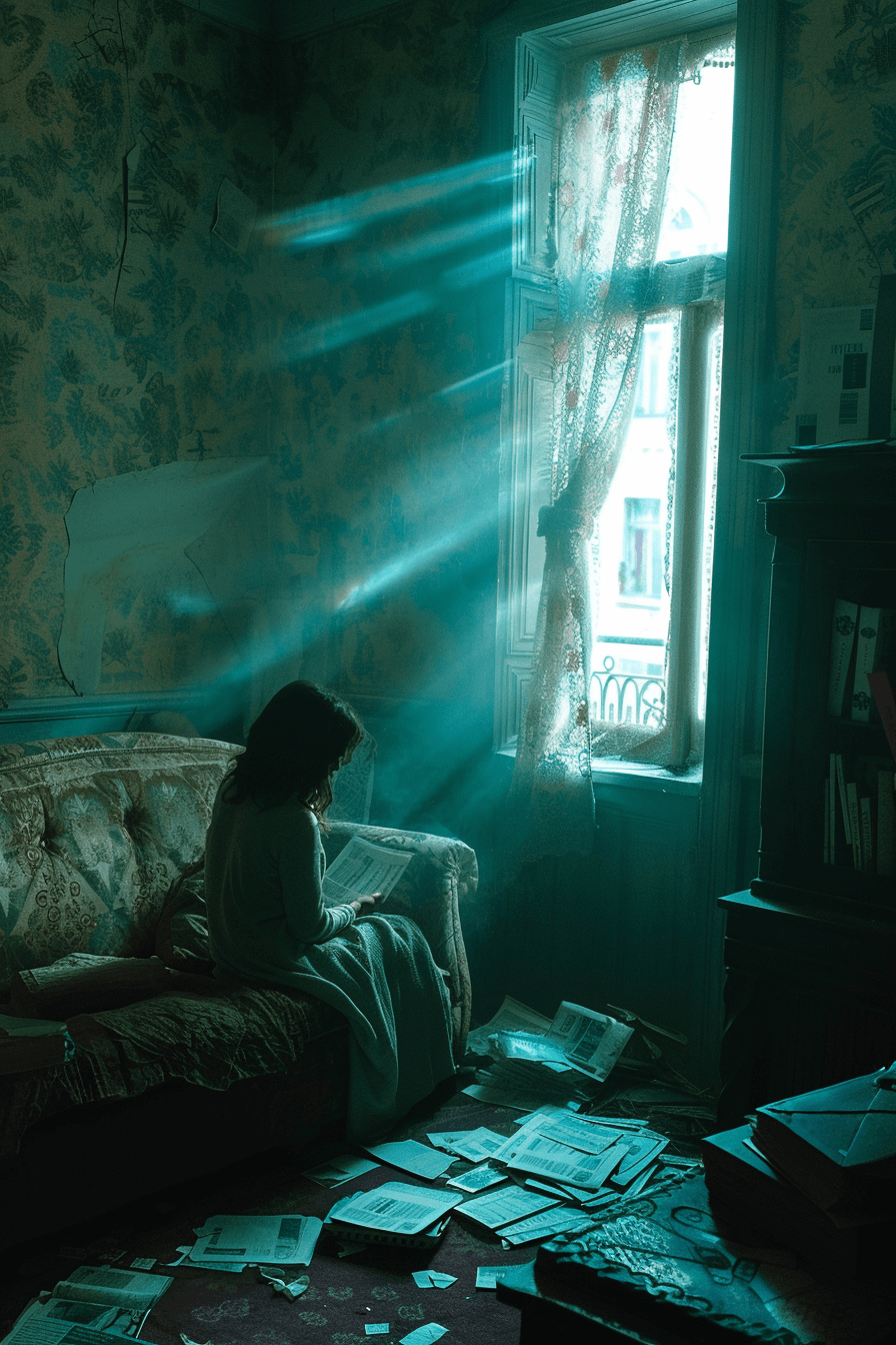 낡은-쇼파-위에-앉아-있는-여성