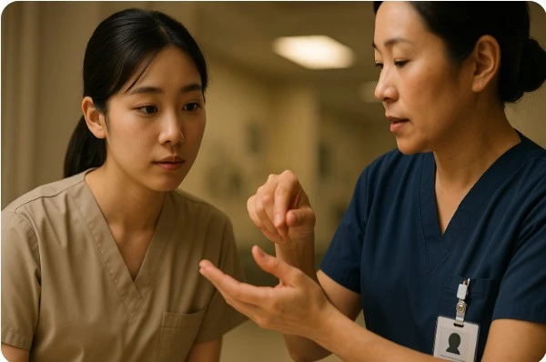 선배 간호사의 손동작을 집중해서 관찰하는 후배 간호사