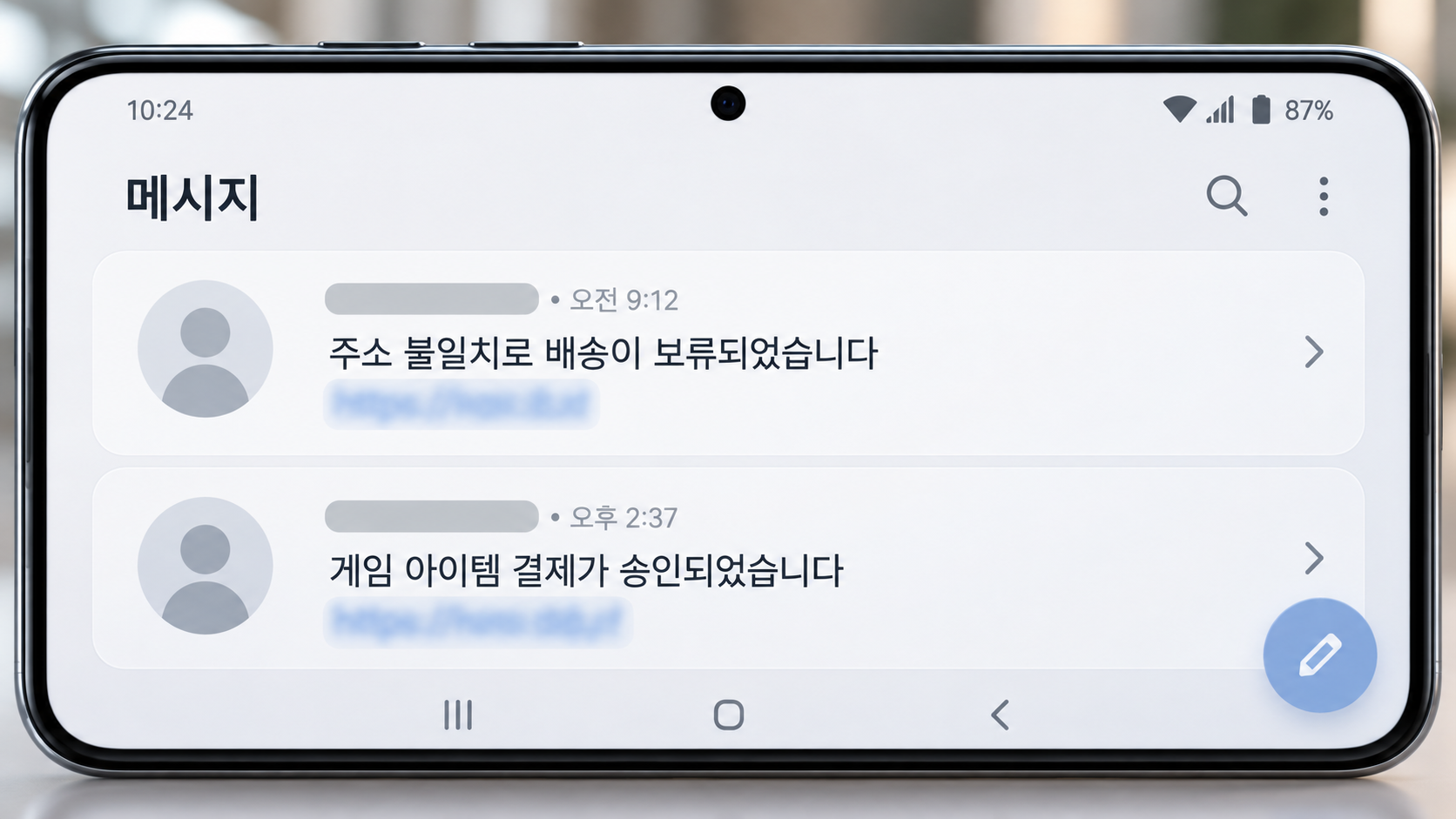 문자함에 나란히 뜬 안내 문자 두 개