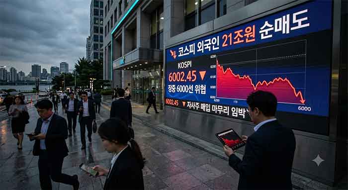 주요 지수 전광판 앞을 지나는 직장인들과 코스피 하락 그래프.