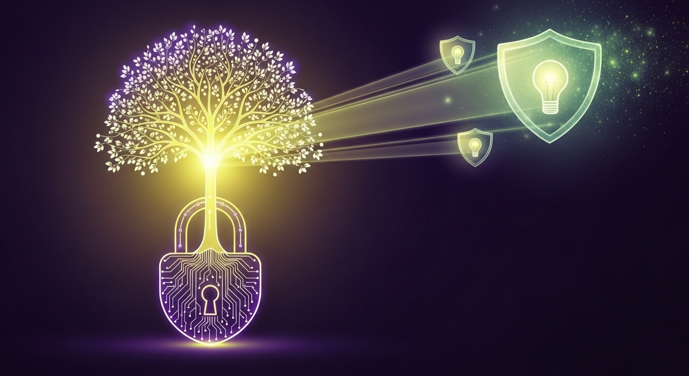 기술 성장과 지적 재산권 보호를 상징하는 추상적인 이미지로, 혁신과 보안의 조화를 나타냅니다.