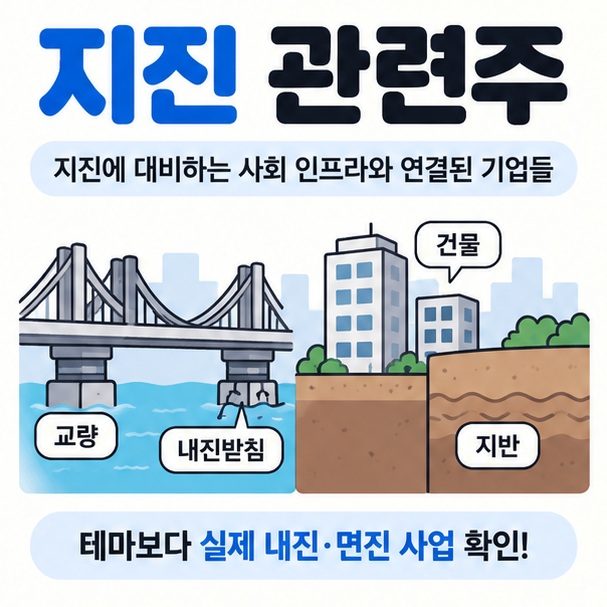 교량과 면진받침 건축물 지반 단면 아이콘을 중심으로 지진 관련주 문구를 보여주는 대표 카드뉴스 이미지