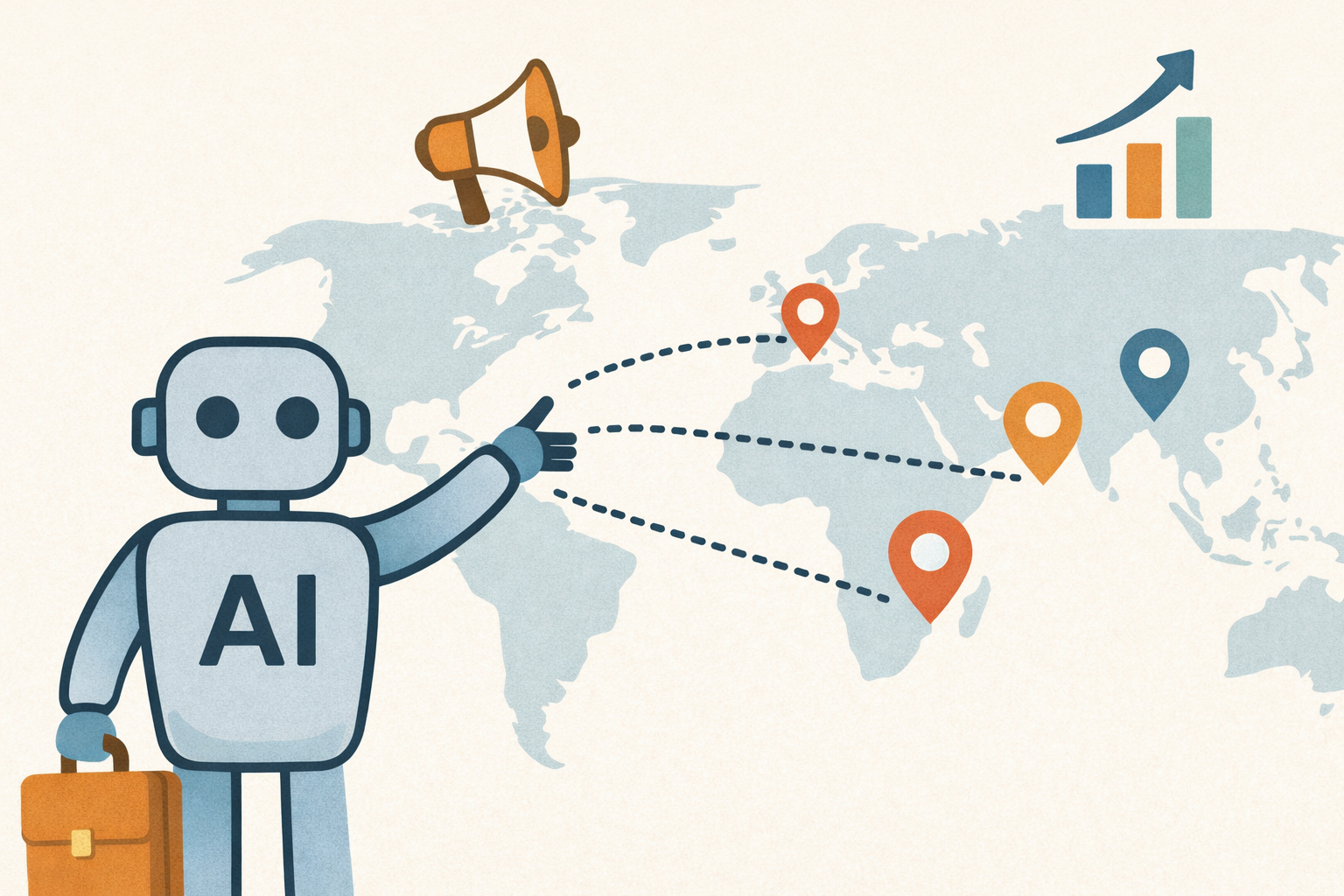 AI 시대의 글로벌 마케팅을 상징하는 로봇과 세계지도