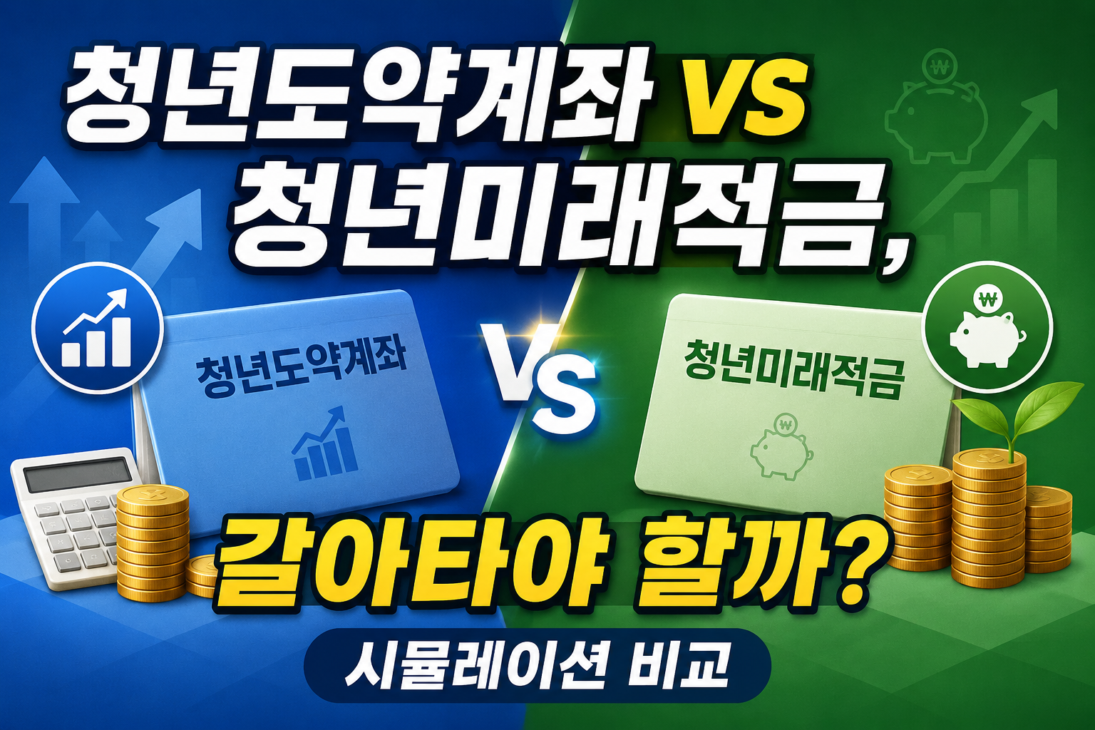 청년도약계좌와 청년미래적금을 비교하는 썸네일 이미지, 갈아타야 할지 시뮬레이션 비교를 강조한 금융 정보 그래픽