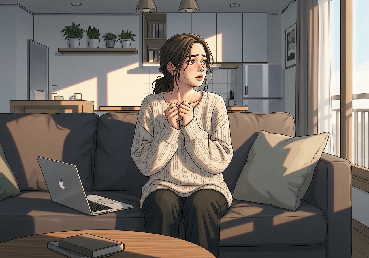 주말 낮, 소파에서 뭔가 불안한 표정이 역력한 여성 일러스트