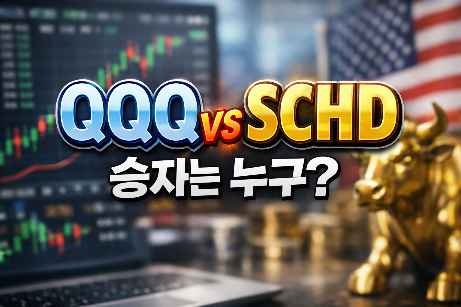 미국 주식 차트 화면과 황소상, 성조기 배경 위에 QQQ vs SCHD 승자는 누구라는 문구가 있는 ETF 비교 썸네일 이미지
