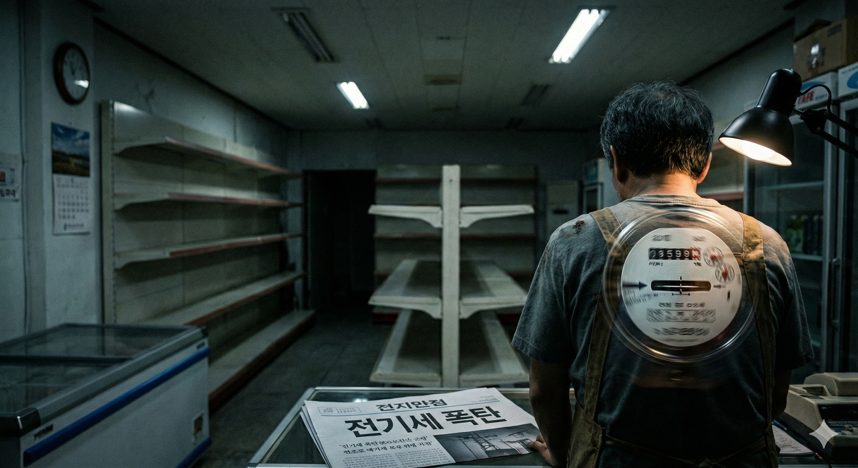 텅 빈 가게를 바라보며 전기 계량기가 돌아가는 것을 걱정스럽게 지켜보는 사장님의 뒷모습