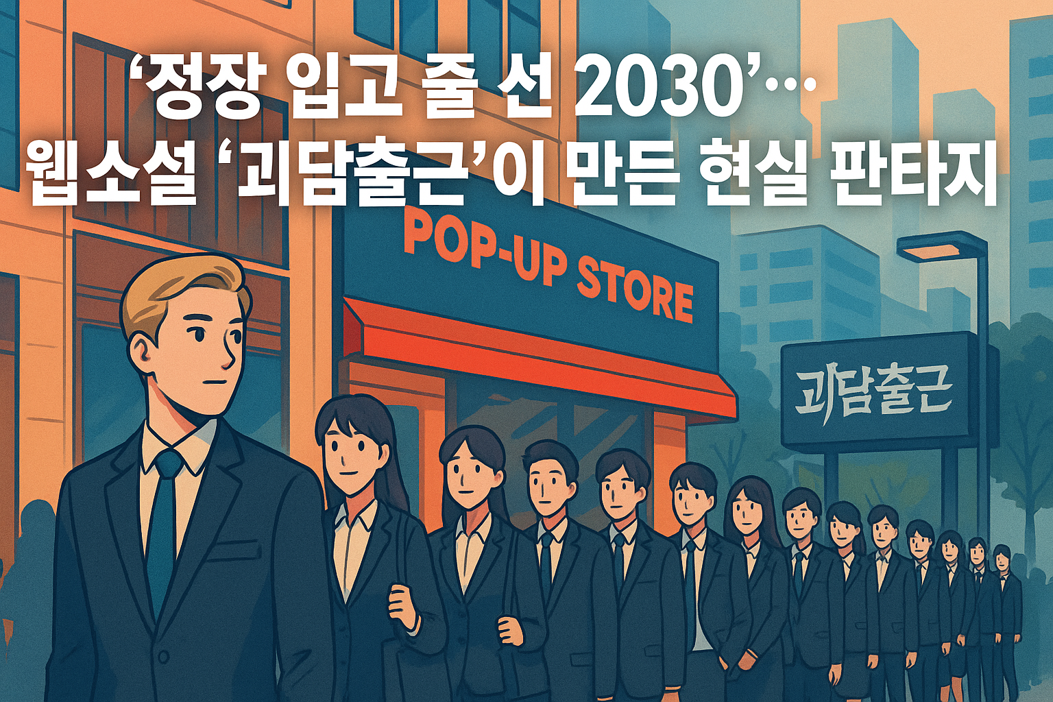 “신촌 거리에서 정장을 입은 2030 팬들이 웹소설 괴담출근 팝업스토어 입장을 기다리는 장면을 표현한 인포그래픽”