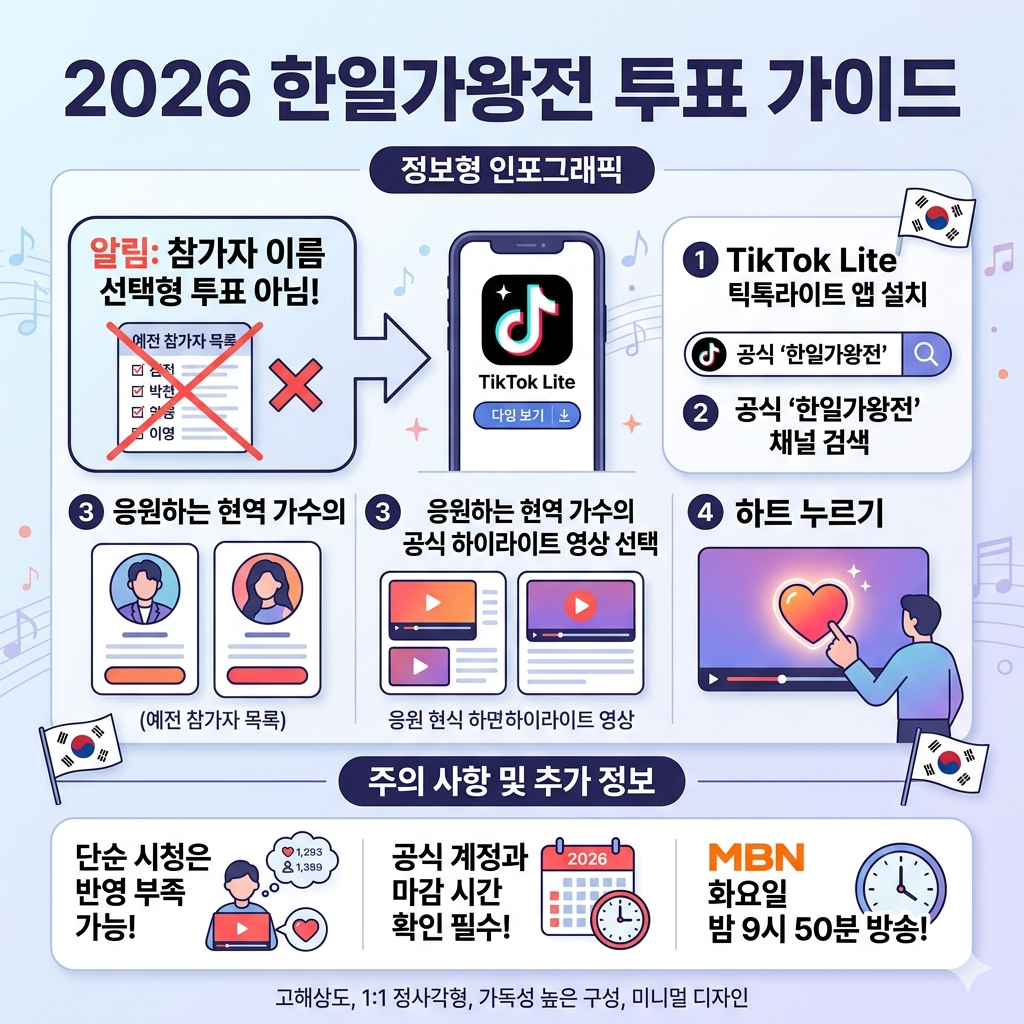 2026 한일가왕전 투표하기 최신 방법｜틱톡라이트 하트 투표 반영 기준 인포그래픽