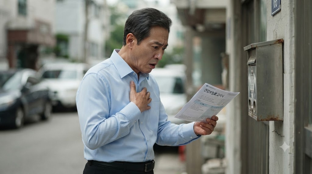 퇴직 후 건강보험료 고지서를 보고 놀라는 남성