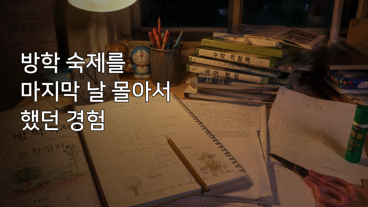 밤늦은 책상 위에 방학 숙제 공책과 시계, 학용품이 놓여 있고 왼쪽에 제목이 표시된 장면