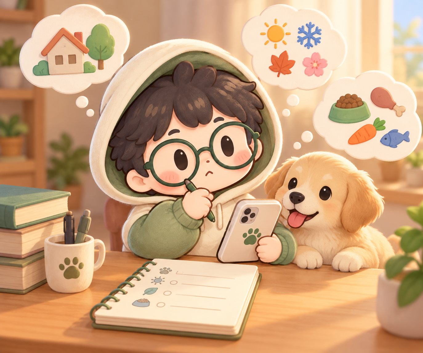 마스코트가 강아지 옆에서 생활 환경과 식이 등 진료에 전달할 정보를 정리하는 일러스트