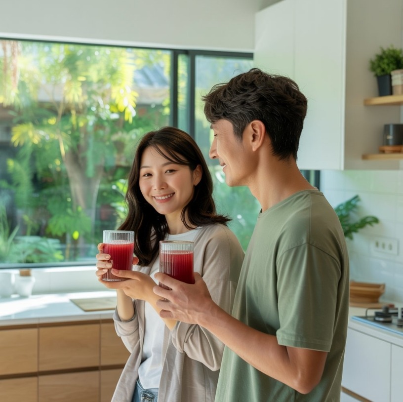 디톡스 주스 마시는 가족 이미지