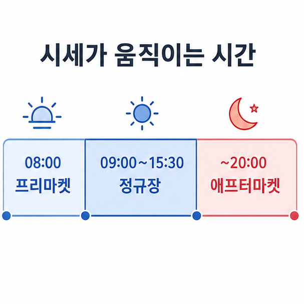 국내 주식 거래 시간대, 08시 프리마켓과 09시부터 15시 30분 정규장, 20시까지 애프터마켓을 표시한 타임라인