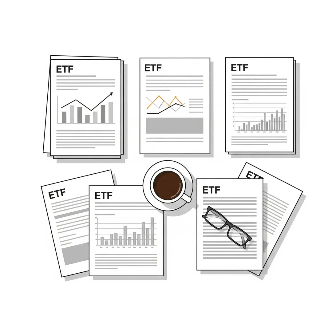 출력된 ETF 리포트와 커피잔, 안경이 책상 위에 놓인 평면 구도 이미지