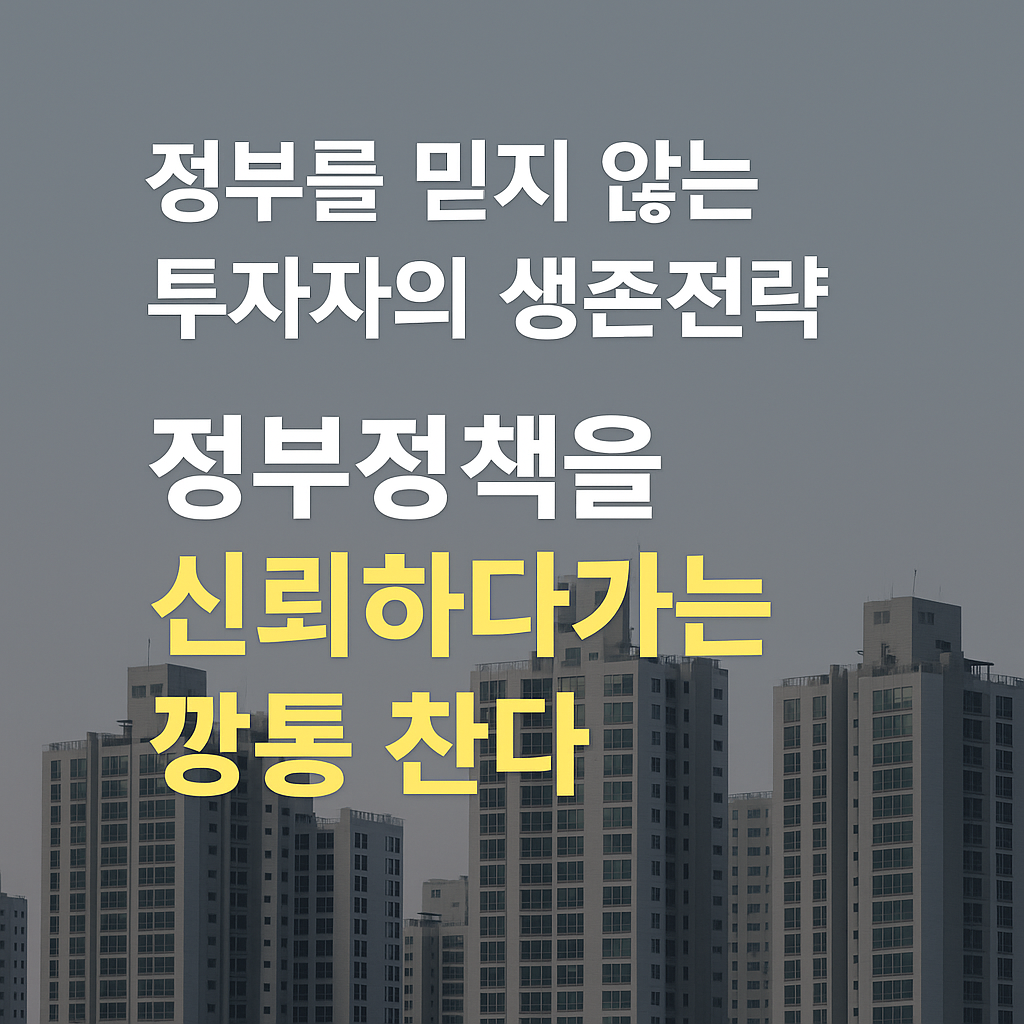 정부를 믿지 않는 투자자의 생존전략 &ndash; 정부정책을 신뢰하다가는 깡통 찬다. 회색빛 아파트 단지 위로 진중한 문구가 강조된 감성형 썸네일 이미지.