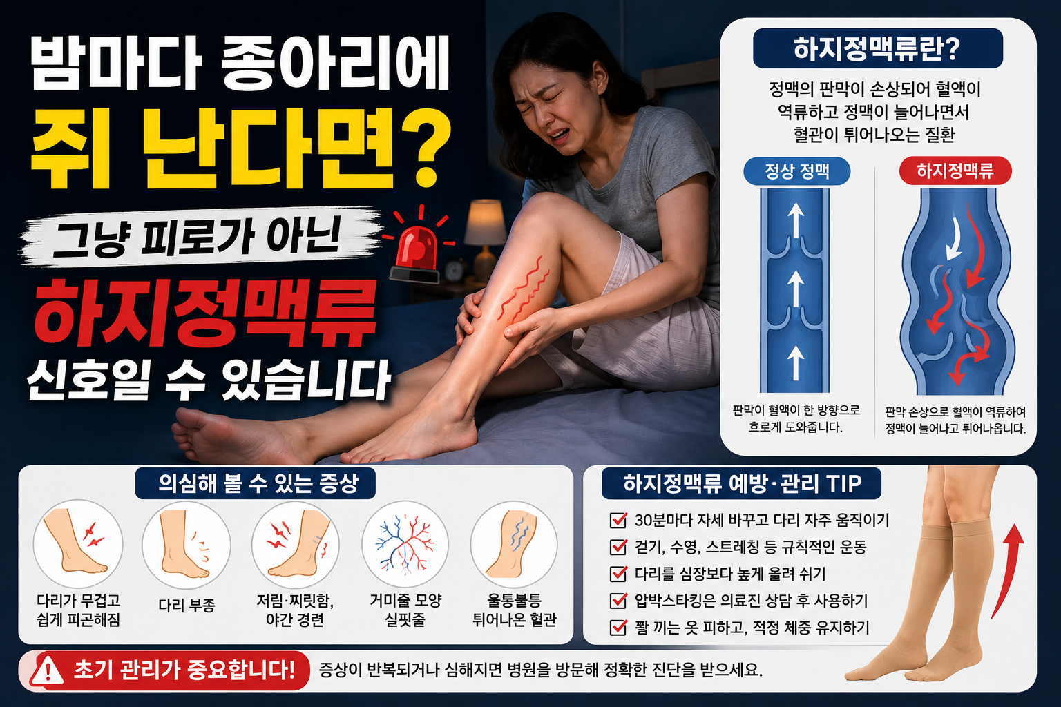다리 저림과 부종, 야간 종아리 경련 등 하지정맥류 초기 증상과 예방 관리 방법