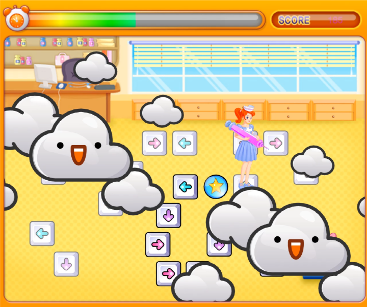 콜록콜록-독감-주의보-초급-플래시게임-플레이-간호사-릴리가-아픈-토끼에게-주사를-놓으러-가는-도중-구름-아이템을-획득하여-구름에-의해-화면이-가려진-장면