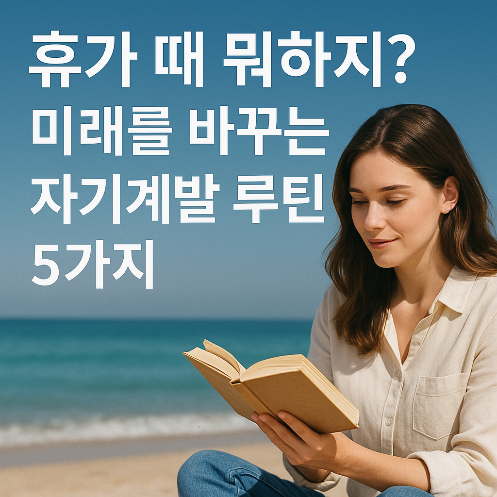 해변에서 책을 읽는 여성과 "휴가 때 뭐하지? 미래를 바꾸는 자기계발 루틴 5가지"라는 문구
