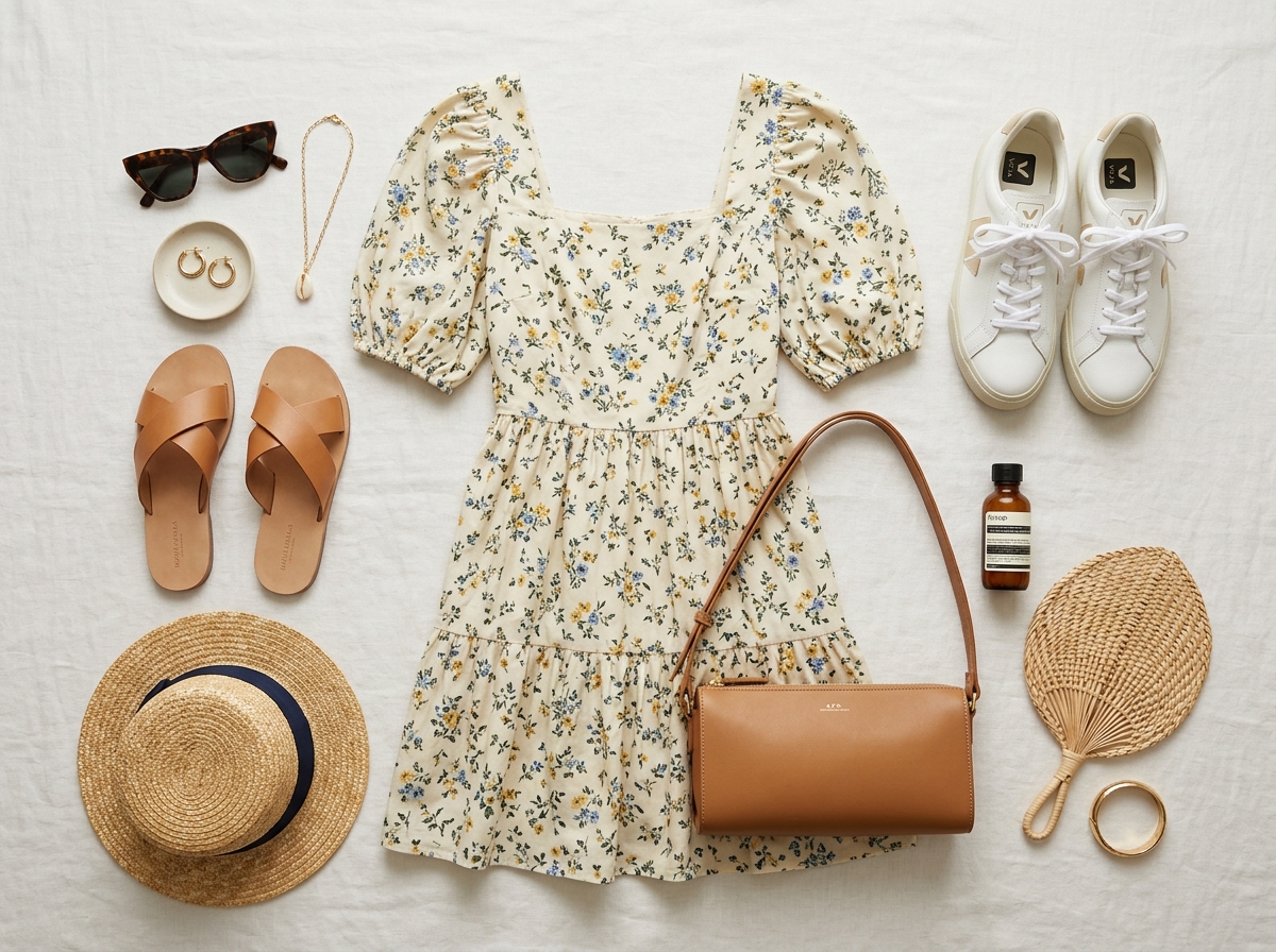 Flat lay of floral dress with white low-profile sneakers, east-west horizontal shoulder bag, slide sandals, summer accessories, top view, clean minimal background, fashion editorial