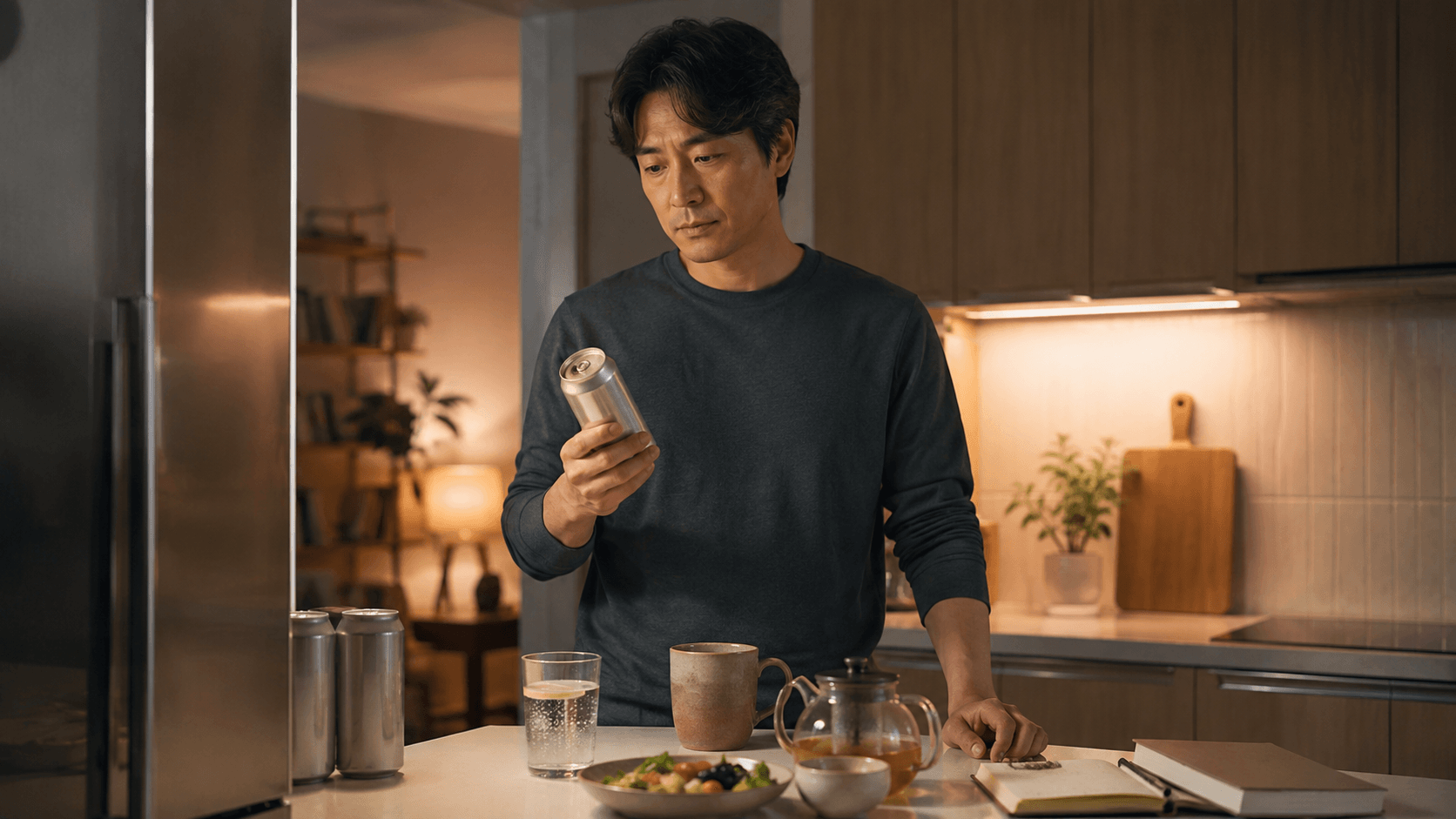 냉장고 앞에서 맥주 캔을 바라보며 혼술 습관을 돌아보는 40대 남성