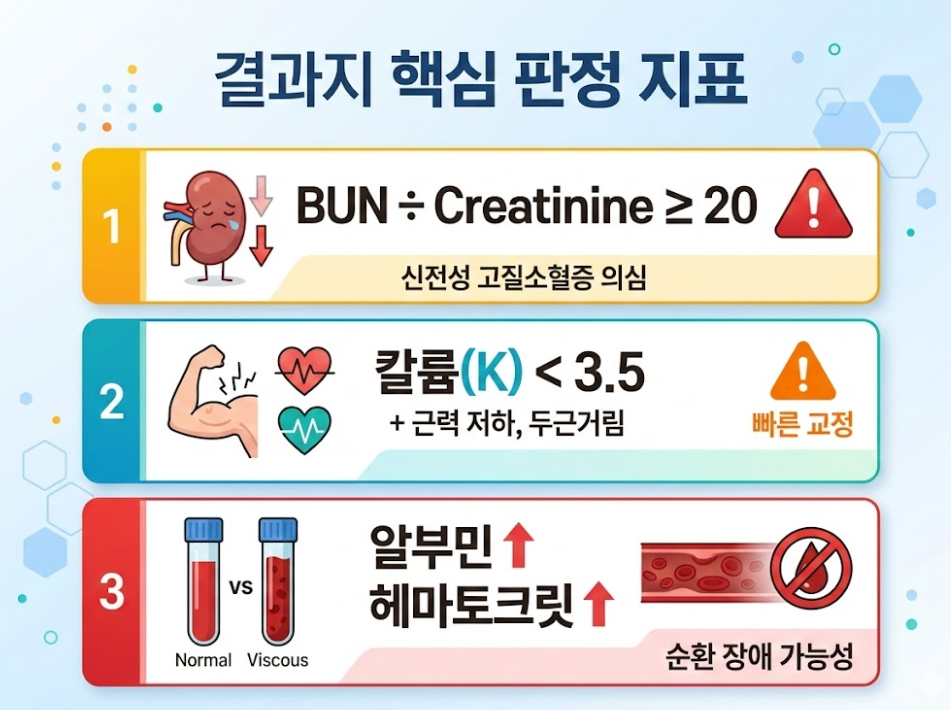 BUN 크레아티닌 비율과 전해질 수치로 신장 상태를 판정하는 핵심 검사 지표 요약