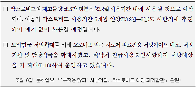 팍스로비드 대량 폐기 우려 보도 관련 설명