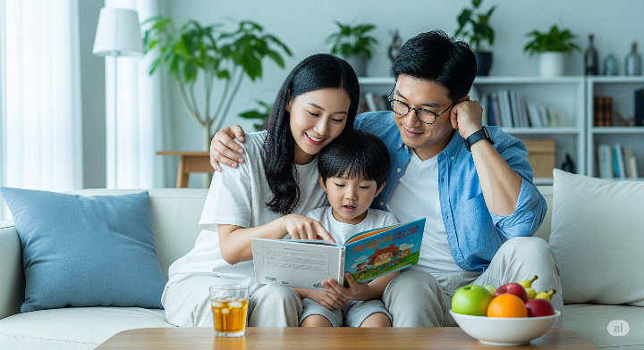 부모와 자녀가 독서 중인 모습