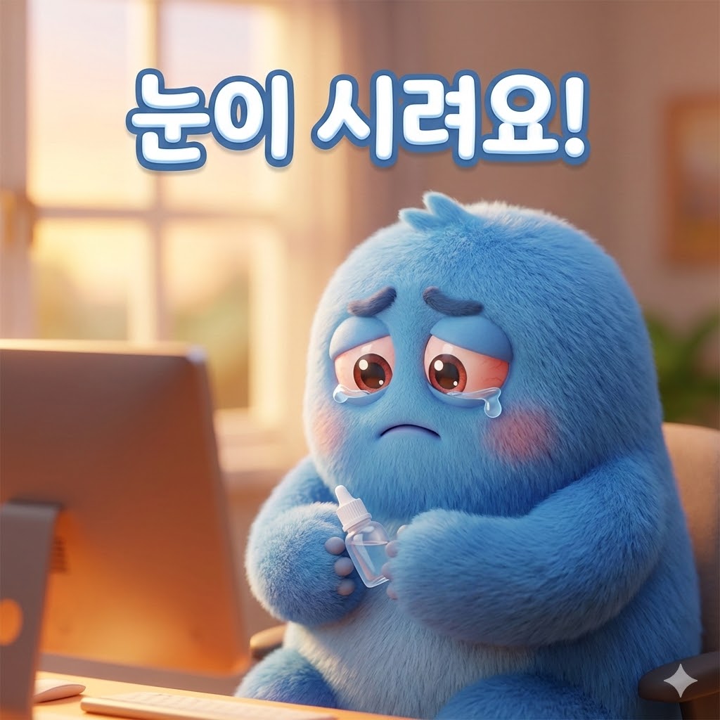 눈을 찡그리고 있는 귀여운 파란색 캐릭터가 안약병을 들고 있는 모습. 눈 시림 증상을 나타내는 그림.