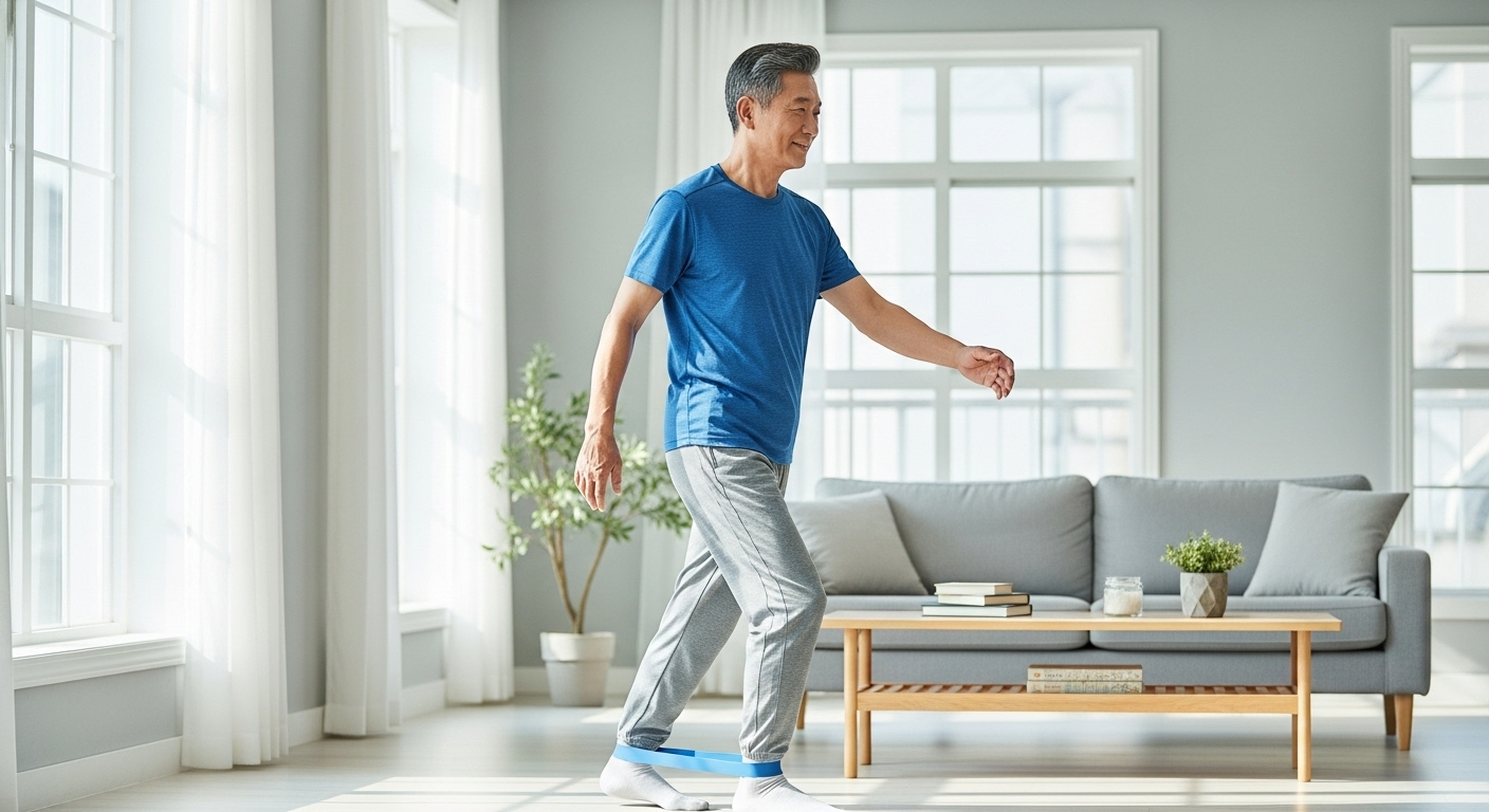 50대 한국 남성이 집에서 저항 밴드를 이용해 근력 운동을 하는 모습.