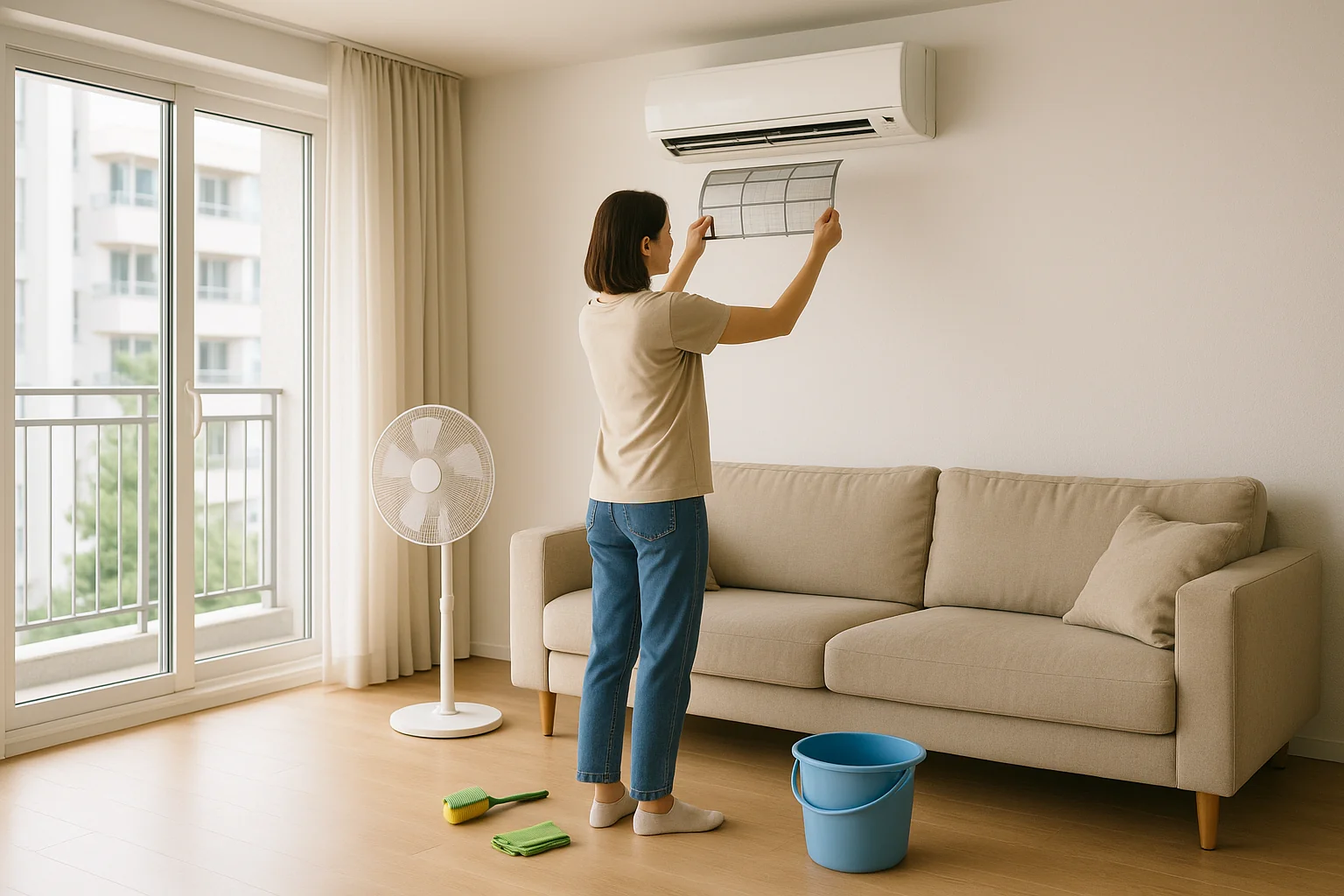 한국 아파트 실내 거실. 벽걸이 에어컨의 필터를 꺼내 세척하는 남성 또는 여성의 모습. 바닥엔 세척 도구와 물통이 있고, 에어컨 앞엔 선풍기도 함께 보임. 깨끗하고 밝은 현실적인 스타일.