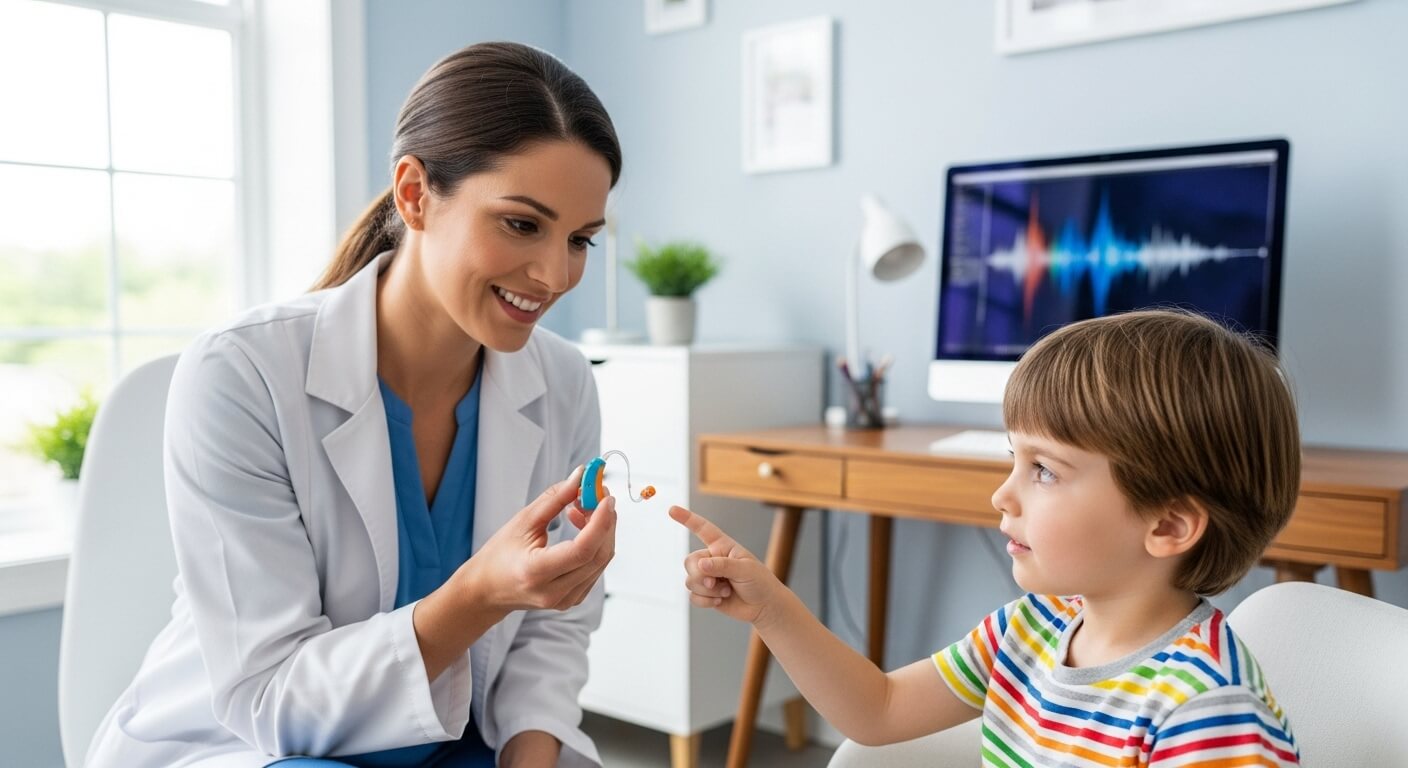 여성 청각 전문가가 어린이에게 파란색 보청기를 보여주는 장면