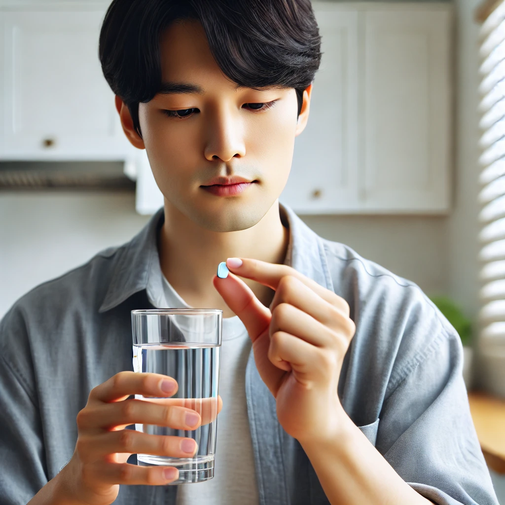 한국인이 물과 함께 올바르게 항생제를 복용하는 장면