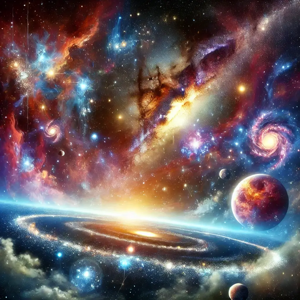 우주의 끝과 관련된 우주 배경 사진 뒤로는 여러가지 나선은하 타원형 은하등 은하들이 나열되어 있고 끝도없는 영역으로 별들과 은하가 펼쳐진 모습이다. 아래로난 나선형은하의 넓게 펼쳐진 모습이 장관을 이루고 있다.