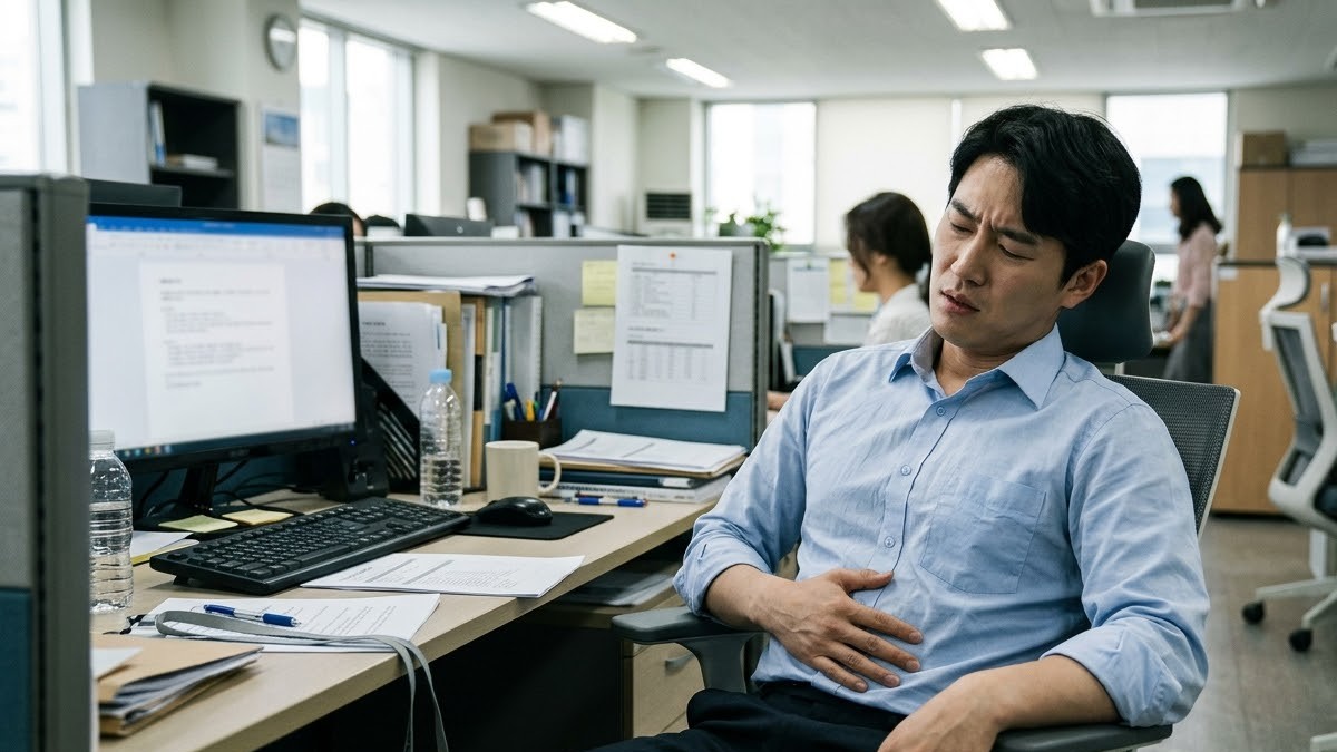 사무실에 오래 앉아 있다가 배를 문지르며 불편해하는 직장인