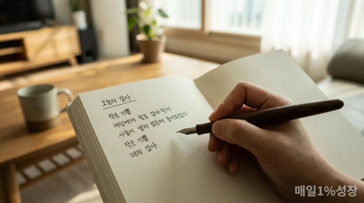 따뜻한 햇살 아래 감사 일기를 쓰고 있는 손